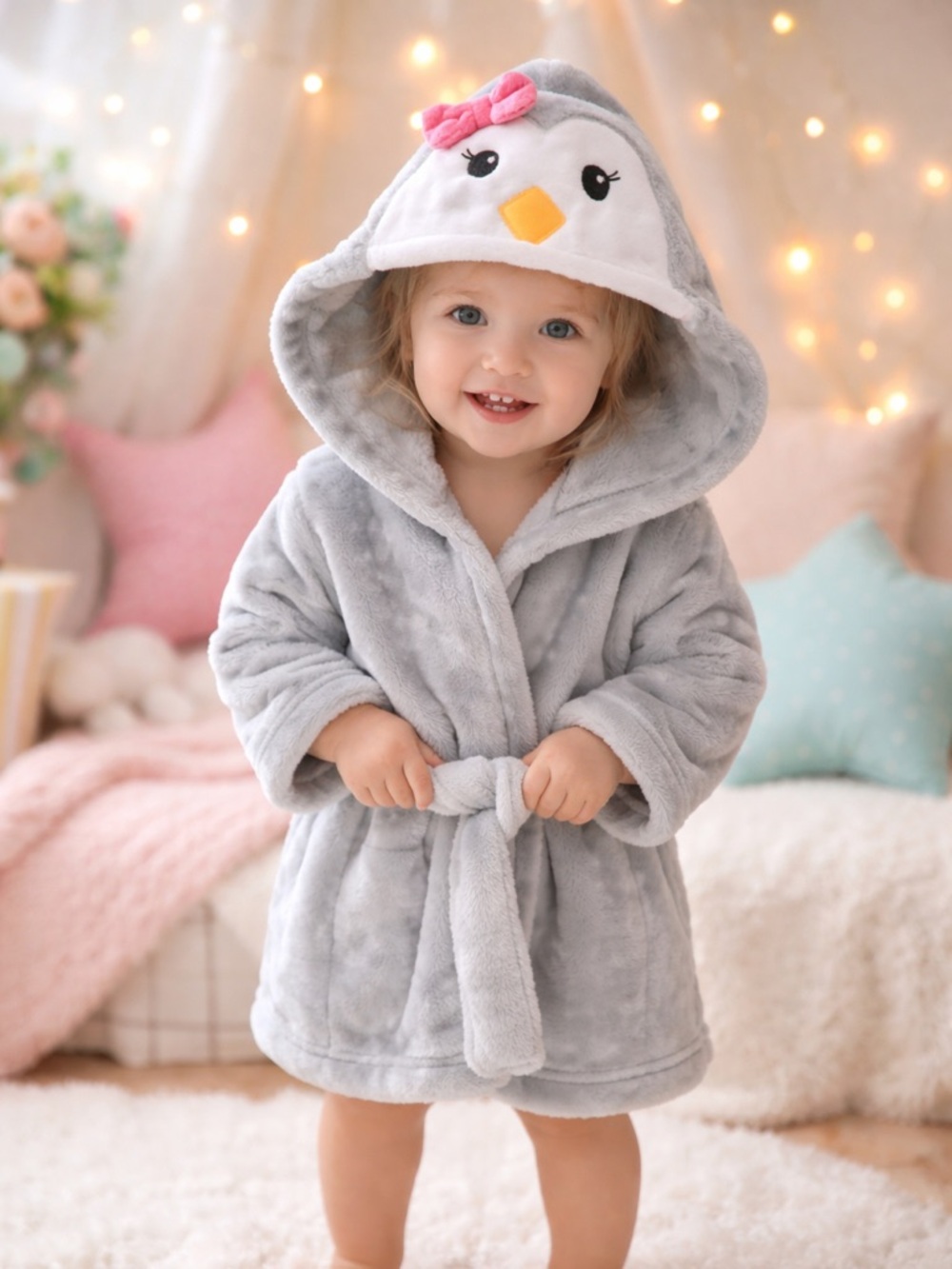 Luvable Friends Baby Girl Plush Bathrobe Girl Penguin design.  Like new!